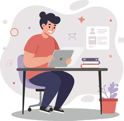 Young man using tablet at desk with books and plant in modern workspace vector illustration 
