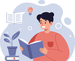 Young person reading book with plant and light bulb symbolizing learning and creativity in cozy indoor setting 