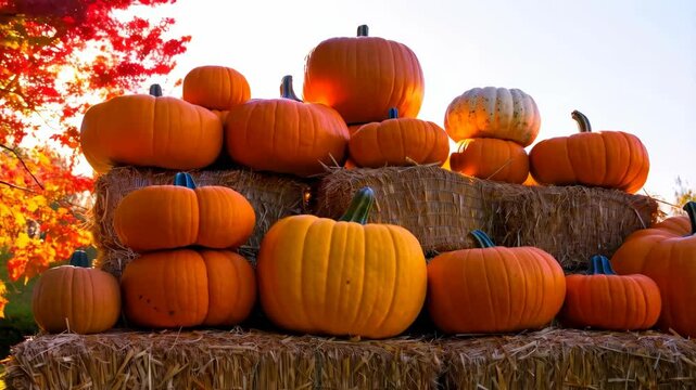 Autumnal display of orange pumpkins on hay bales with fall foliage in the background and vibrant seasonal colors for seasonal celebrations
