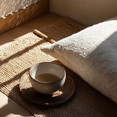 Minimalist Zen tabletop with single teacup and cushion in morning light