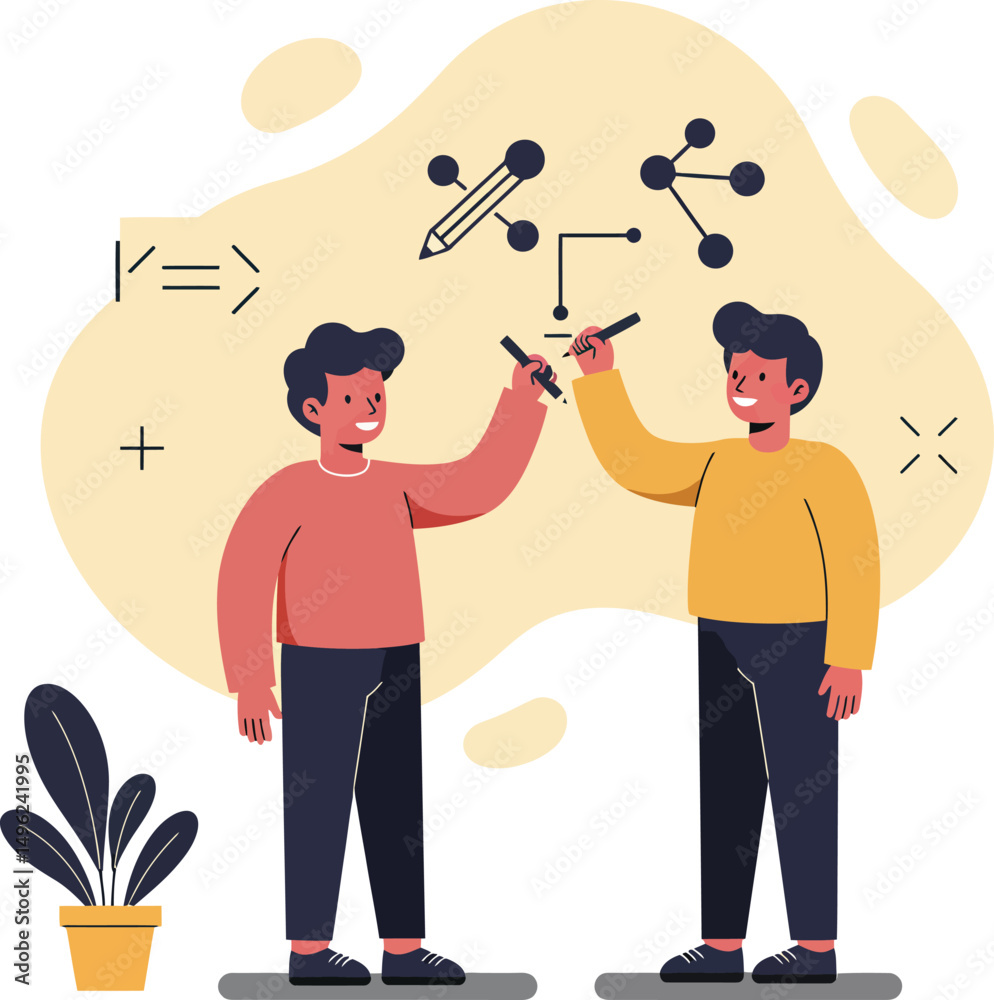 Poster two people collaborating on creative design and coding concepts with digital elements vector illustr