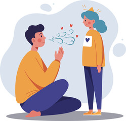 Obraz premium Father blowing air to daughter wearing crown and heart sweater in playful interaction vector illustration 