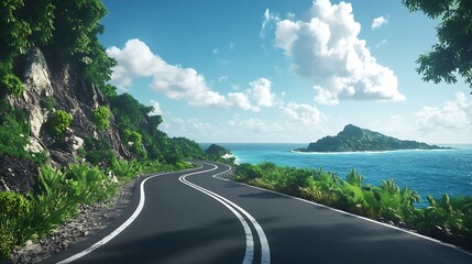 Winding road through tropical island scenery.