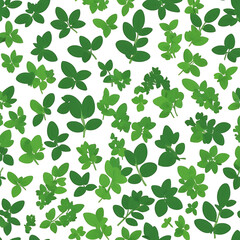 Green leaf foliage pattern for textile prints vector pattern of fresh culinary herbs including basil, rosemary, parsley, thyme, oregano, and mint leaves, minimal style, green tones, clean white backgr