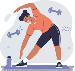 Fototapeta premium Woman stretching before workout in sporty outfit with dumbbells and water bottle vector illustration 