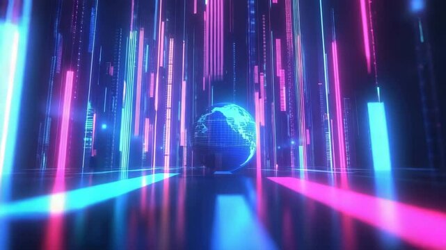 Glowing 3d planet Earth floating in cyber environment with pink and blue light rays and binary code effects. Concept of global digital network