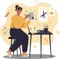 Fototapeta premium Woman artist painting at table creating art with scissors and heart drawings in cozy indoor setting vector illustration 