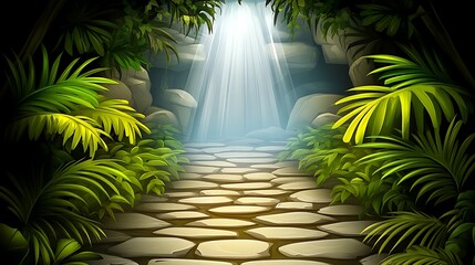 Jungle Cave Path with Light Beams.
