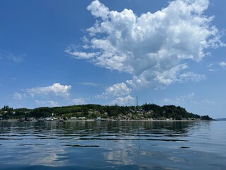 View of the village Alert Bay from the water, located Cormorant Island, northeast of Vancouver Island, British Columbia, Canada