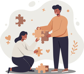 Couple building puzzle pieces together teamwork and collaboration concept vector illustration 
