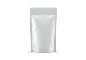 A blank white stand-up pouch with a zip lock, perfect for product mockups of snacks, coffee, or powdered goods, offering clean and versatile packaging.
