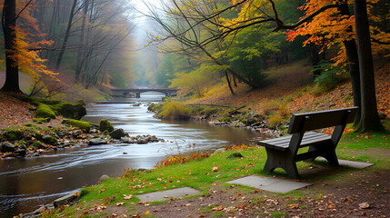 Peaceful riverside respite with a stone bench overlooking a tranquil stream surrounded by lush autumn foliage in a serene woodland setting
