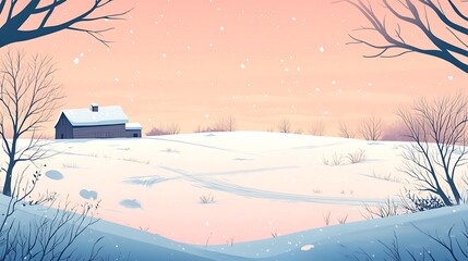 Snowy Winter Farm Sunset Landscape.