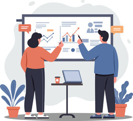 Fototapeta premium Business professionals analyzing financial charts and data presentation in modern office environment vector illustration 