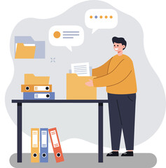 Person organizing office documents and files with folders on table in work environment vector illustration 