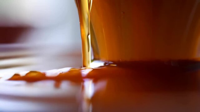 Pouring viscous liquid with orange hues into a pool of similar substance, creating ripples and reflections on the surface.