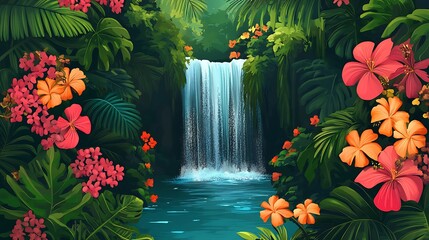 Lush waterfall cascading through a vibrant tropical jungle.