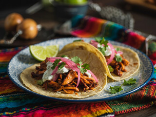 Jackfruit Tacos: Shredded jackfruit in smoky BBQ sauce, stuffed into corn tortillas with avocado slaw. Vegan "pulled pork" for plant-based street food photography.