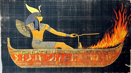 Egyptian mythology sun god Ra sailing through underworld on a golden boat flames lighting the path of judgment
