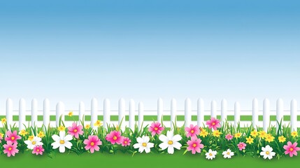 Spring flowers with white fence, and blue sky.
