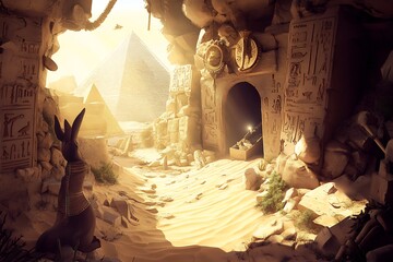 Egyptian mythology tableau Anubis leading a soul through the underworld surrounded by pyramids desert sands and ancient hieroglyphs