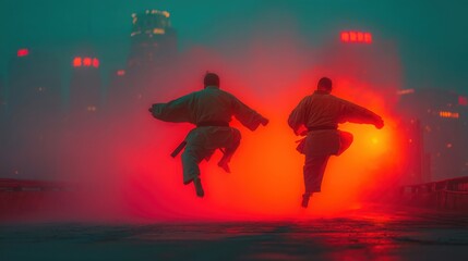 Fototapeta premium Two martial artists in dynamic jump pose against a dramatic glowing cityscape