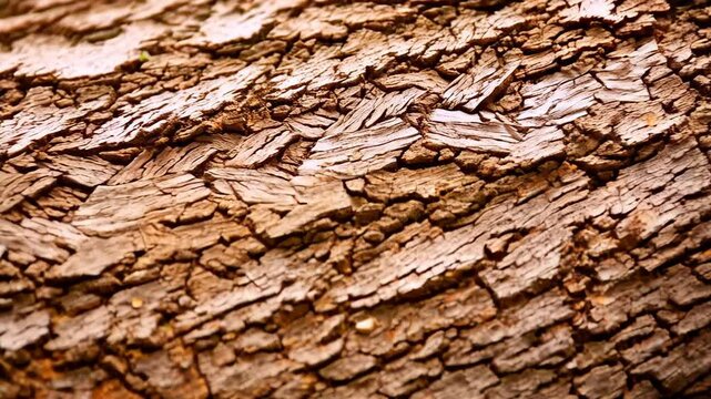 Close up of natural tree trunk bark texture with dry, cracked surface pattern in neutral brown tones