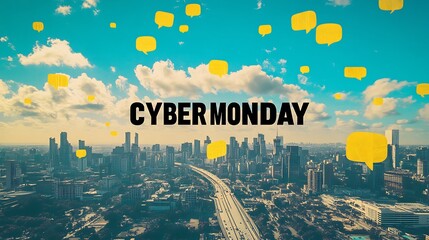 Cityscape panorama with cyber monday text overlay and speech bubbles.