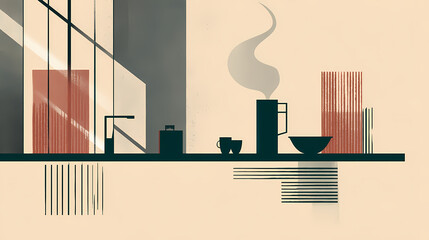 Refreshing morning scene with steaming coffee and modern minimalist decor amidst abundant natural light in sleek apartment kitchen area. minimalist. Illustration