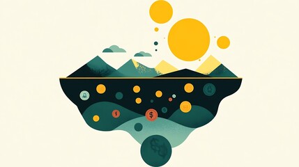 Abstract Mountain Landscape with Sun, and Gold.