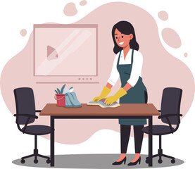 Fototapeta premium Woman cleaning office table with yellow gloves and green apron in modern workspace vector illustration 