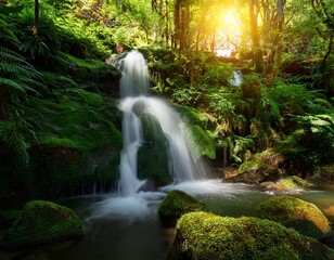 Obraz premium a vibrant waterfall cascading through lush greenery illuminated by sunlight filtering through the dense forest creating a serene and tranquil atmosphere