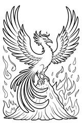 Fototapeta premium Mythical Phoenix Coloring Page: Legendary Winged Fire Bird with Mystical Flames and Rebirth Themes in Ancient Art Design Illustration