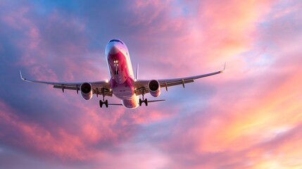 Airplane Flying Through Colorful Sunset Clouds
