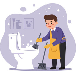 Fototapeta premium Man Cleaning Toilet with Brush and Mop in Bathroom Hygiene Routine Vector Illustration 