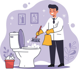 Man cleaning toilet with brush and gloves in bathroom hygiene and sanitation vector illustration 