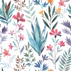 Seamless pattern with wild cute elegant abstract flowers. Watercolor hand-drawn illustration