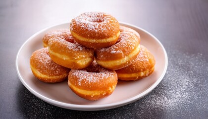 delicious golden sweet donuts dusted with sugar on a white plate ready to enjoy