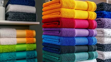 Colorful towels stacked shelf closet.