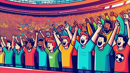 Enthusiastic fans cheering in stadium arena, diverse crowd of supporters, animated video of spectators, seamless looping. Concept of sports marketing, entertainment industry, fan engagement.