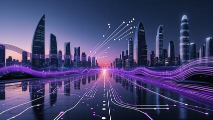 Fototapeta premium City skyline illuminated by digital lines and vibrant colors at twilight with reflective surfaces