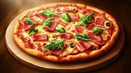 Delicious freshly baked thin-crust pizza topped with ham black olives and fresh green basil leaves on a wooden pizza paddle with a golden brown edge and appetizing presentation