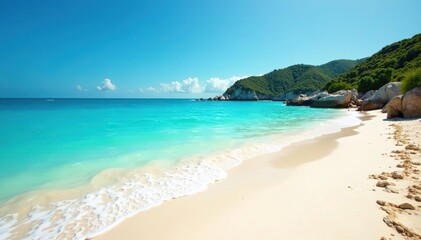 Vibrant beach scene, turquoise water, sunny day, bright, waves, serene