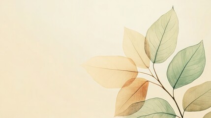 Elegant botanical illustration of delicate pastel-colored leaves on a minimalistic light beige background with subtle shadows and soft natural lighting