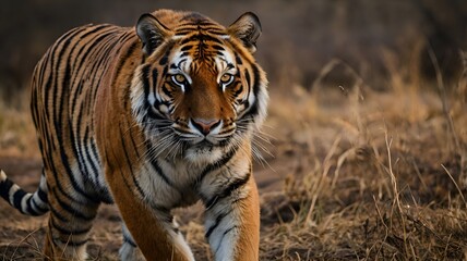 Obraz premium Majestic Tiger Approaching Through Dry Grassland