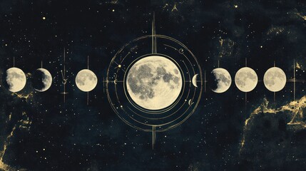 Stunning depiction of the lunar phases showing detailed and realistic moon transition sequence from new moon to full moon and back, with cosmic space background