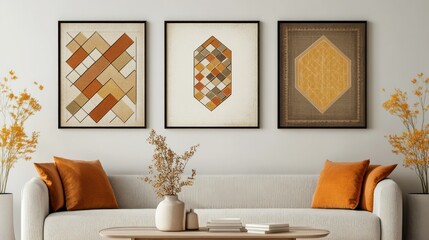 Modern minimalist living room decor with geometric wall art frames decorative cushions neutral sofa yellow flowers interior design inspiration
