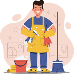 Fototapeta premium Male janitor cleaning with mop bucket and spray bottle in yellow apron vector illustration 