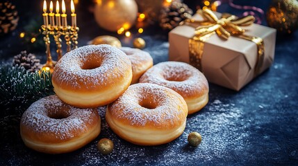 Stacked doughnuts dusted with powdered sugar on a dark surface.