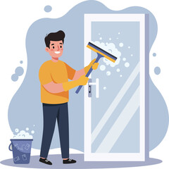 Man cleaning glass door with squeegee and bucket of water vector illustration in flat style 